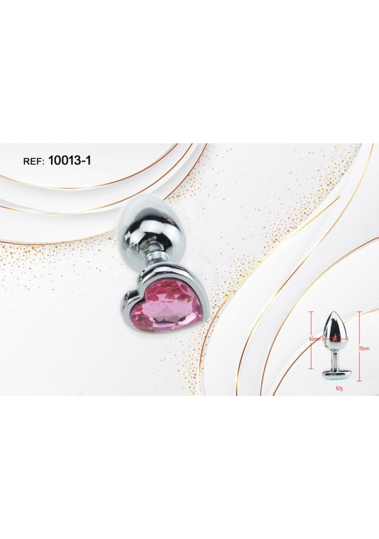 Plug anal metálico plateado con joya corazón rosa en la base, talla S