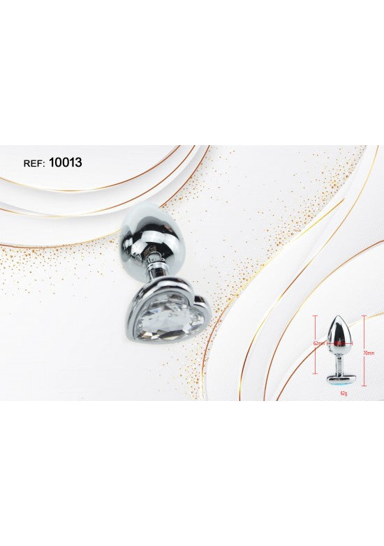 Plug anal metálico plateado con joya corazón transparente en la base, talla S