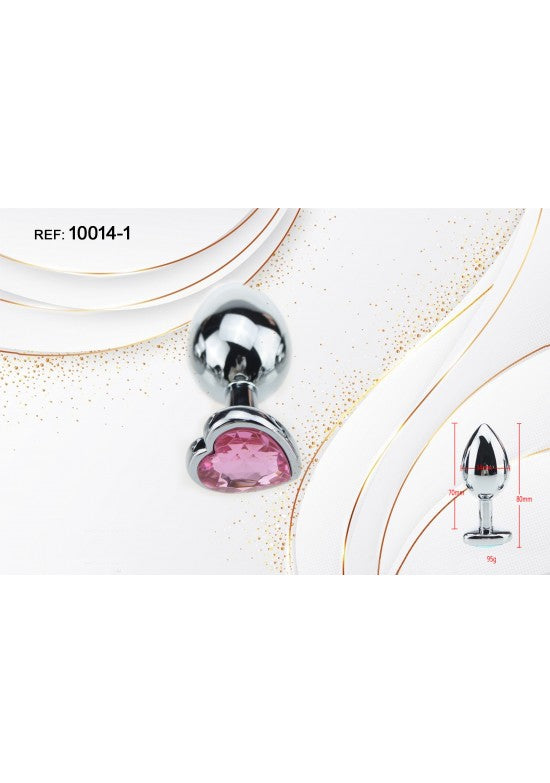 Plug anal metálico plateado con base corazón y cristal rosa