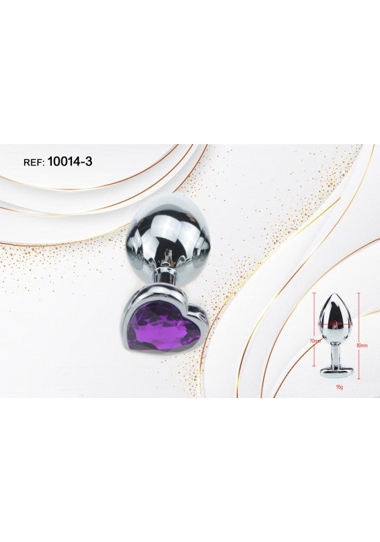 Plug anal de metal plateado con base decorativa en forma de corazón y cristal violeta