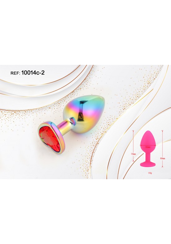 Plug anal metálico irisado arcoíris con joya corazón roja en la base