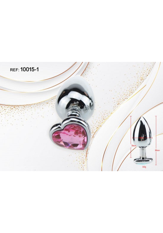 Plug anal metálico plateado con joya corazón color rosa en la base