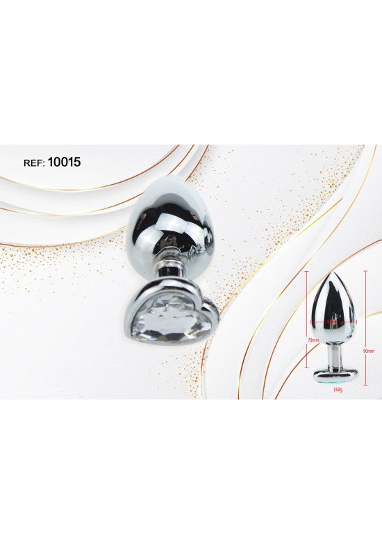 Plug anal metálico plateado con joya corazón de cristal transparente talla S
