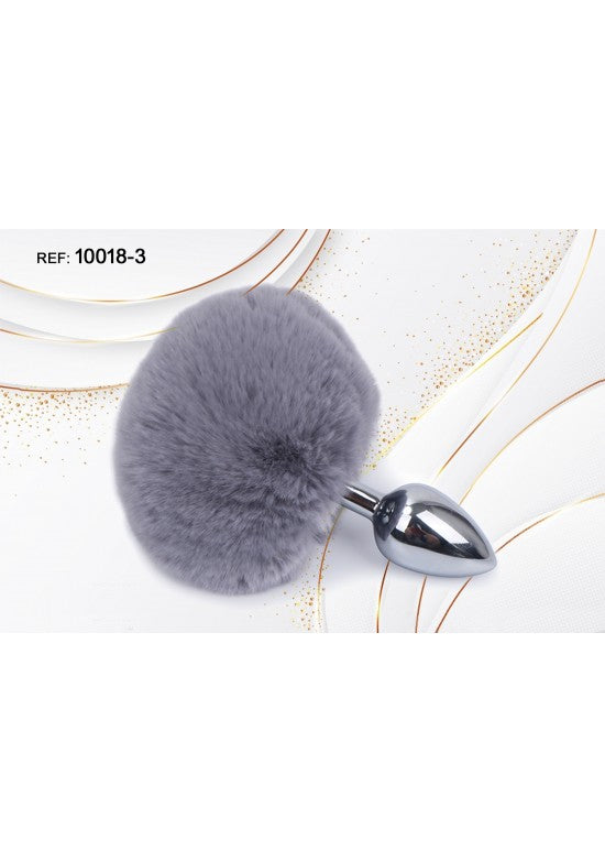 Plug anal metálico plateado con pompón decorativo de pelo gris