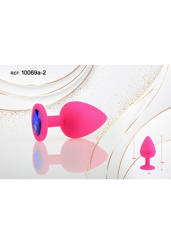 Plug de silicona rosa fucsia con gema azul en la base, talla pequeña