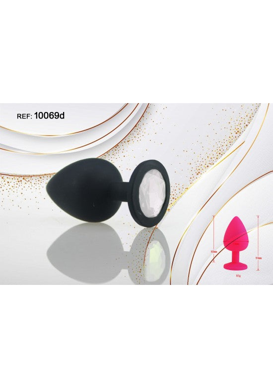 Plug anal de silicona negro con joya decorativa blanca, talla S