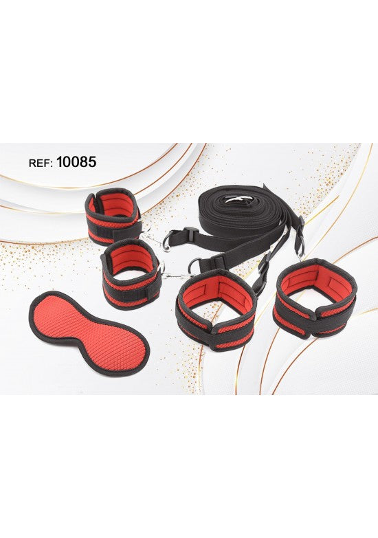 Kit BDSM 5 piezas con esposas acolchadas negras y rojas, antifaz y correa de sujeción