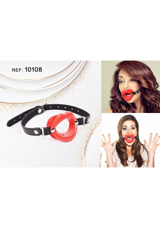 Mordaza abierta con forma de labios en silicona roja y correa de polipiel negra