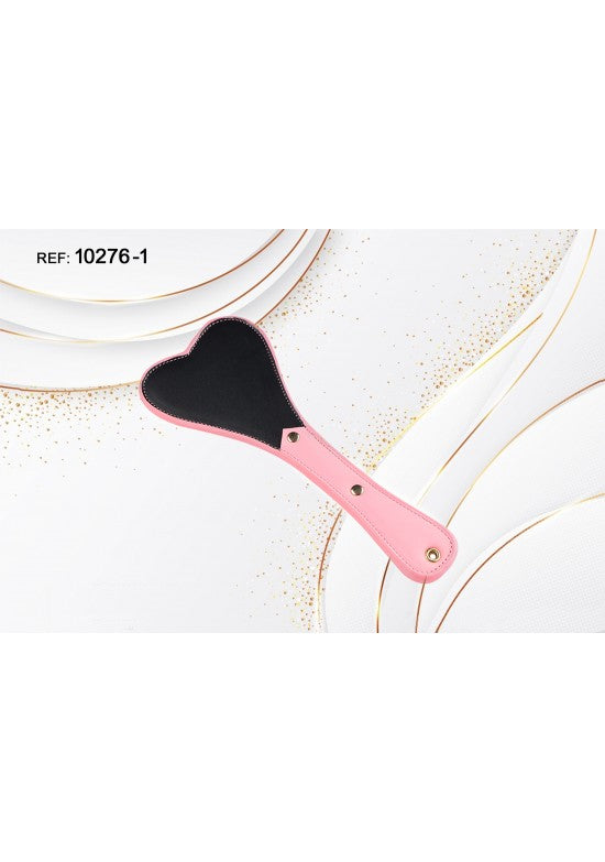Paleta disciplinaria en forma de corazón bicolor rosa y negro con remaches dorados