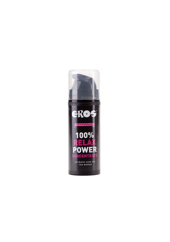 Bote dosificador de gel íntimo Eros 100% Relax Power Concentrate para mujer sobre fondo blanco