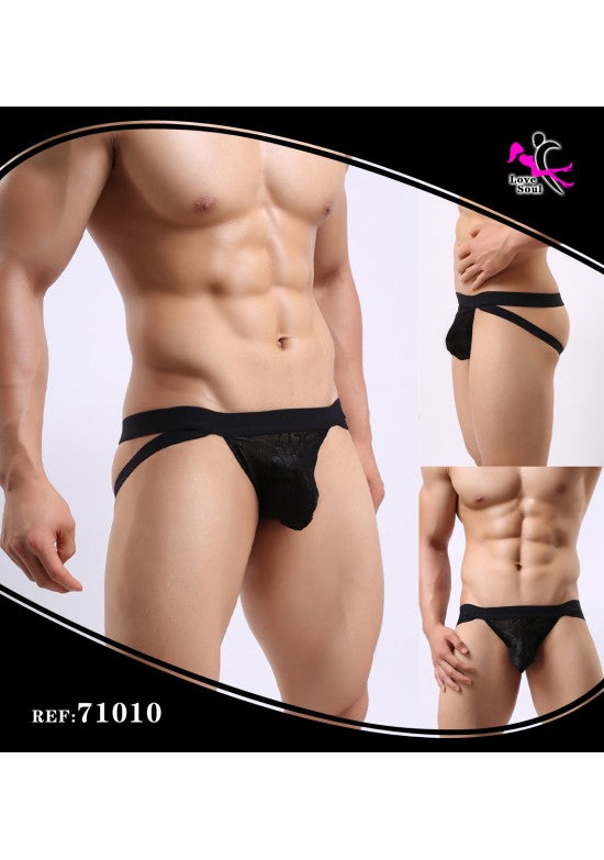 Tanga masculino negro de encaje con tirantes cruzados en cadera estilo jockstrap