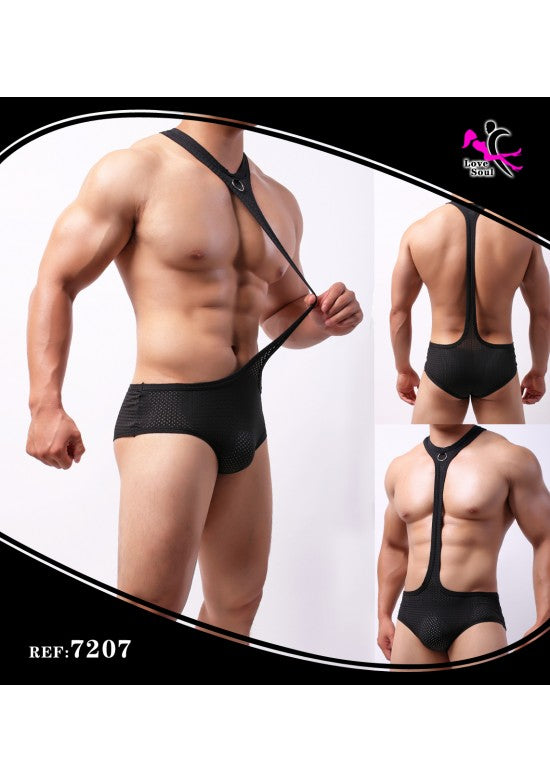 Body suspensorio masculino negro de malla con arnés y anilla metálica, visto de frente y espalda