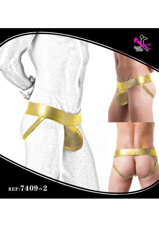 Jockstrap masculino dorado efecto cuero con cinturón ancho visto de frente y espalda