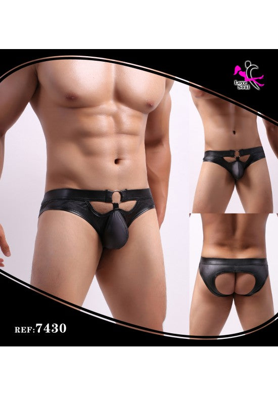 Slip jockstrap masculino negro efecto cuero con aberturas laterales y trasera