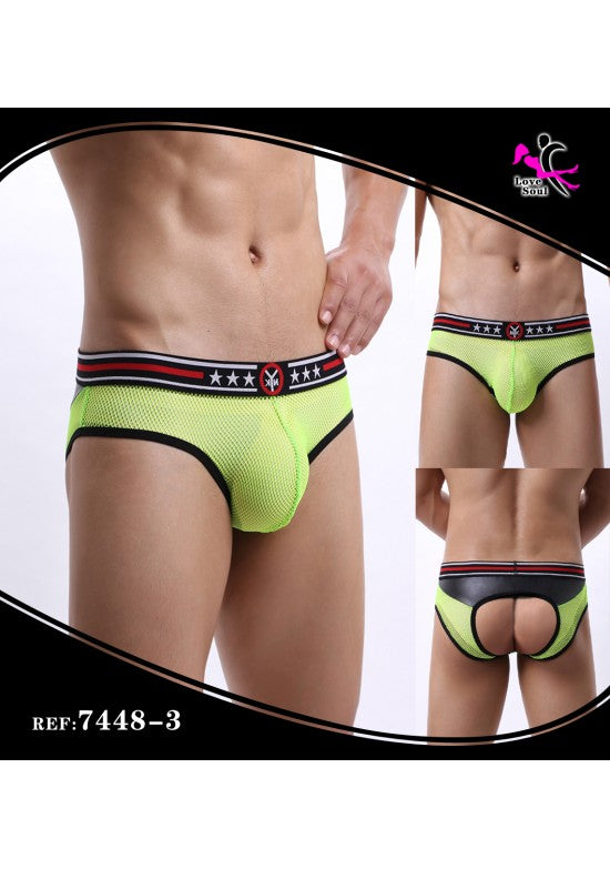Slip jockstrap masculino verde neón de malla con trasero abierto