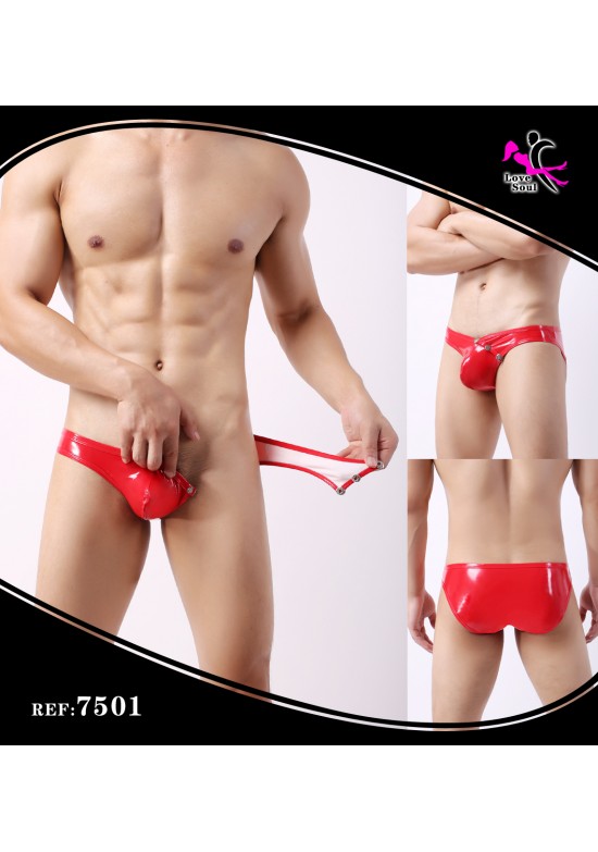 Slip masculino rojo efecto vinilo brillante con tira elástica delantera y trasera cubierta