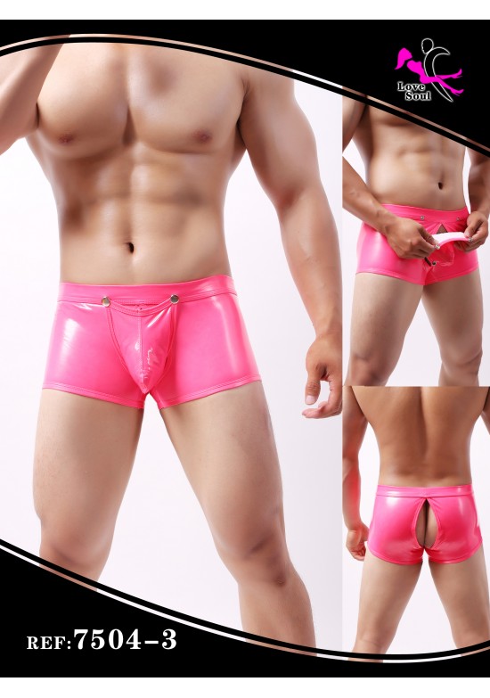 Bóxer masculino rosa efecto látex con apertura trasera, visto de frente, lateral y espalda