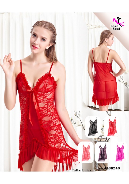 Babydoll rojo de encaje floral con flecos en el bajo y lazo central