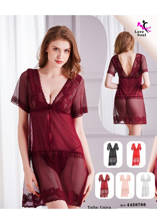 Camisón burdeos de manga corta en tul y encaje con espalda descubierta