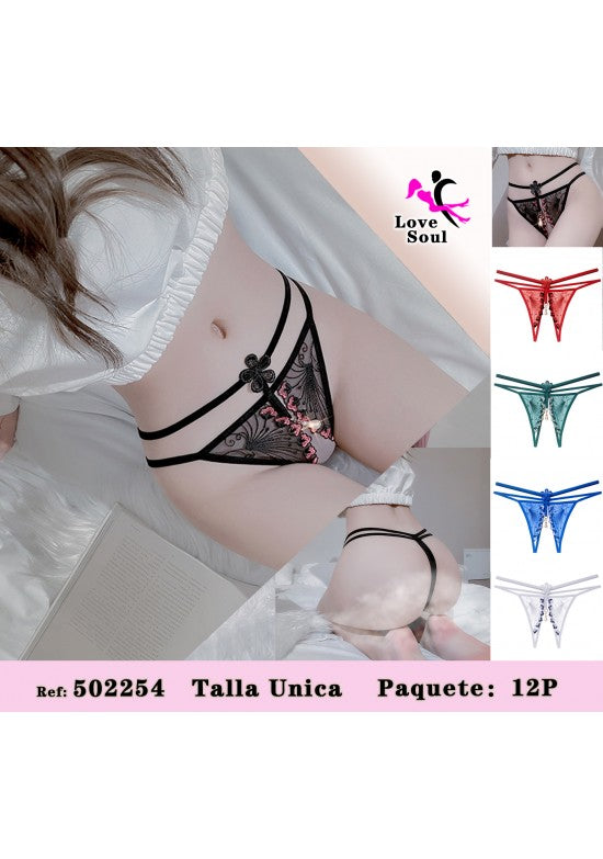 Tanga negro de encaje bordado con doble cinturilla elástica en la cadera, varios colores disponibles
