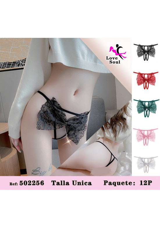 Tanga de encaje negro con volante lazo mariposa en la parte delantera