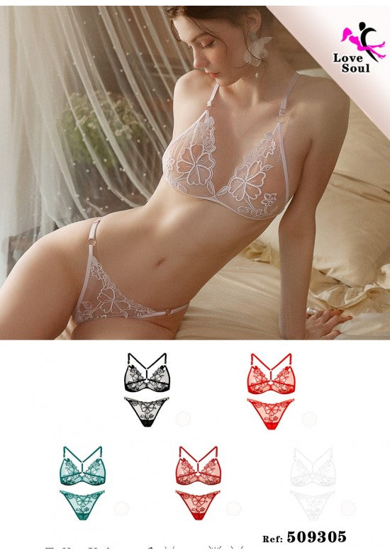 Conjunto de lencería de encaje floral con mariposas en color blanco, sujetador triangular y tanga