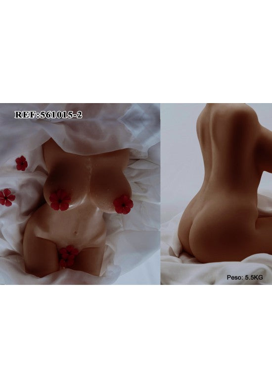 Torso femenino realista en TPE tono canela 5,5 kg, vista frontal y trasera