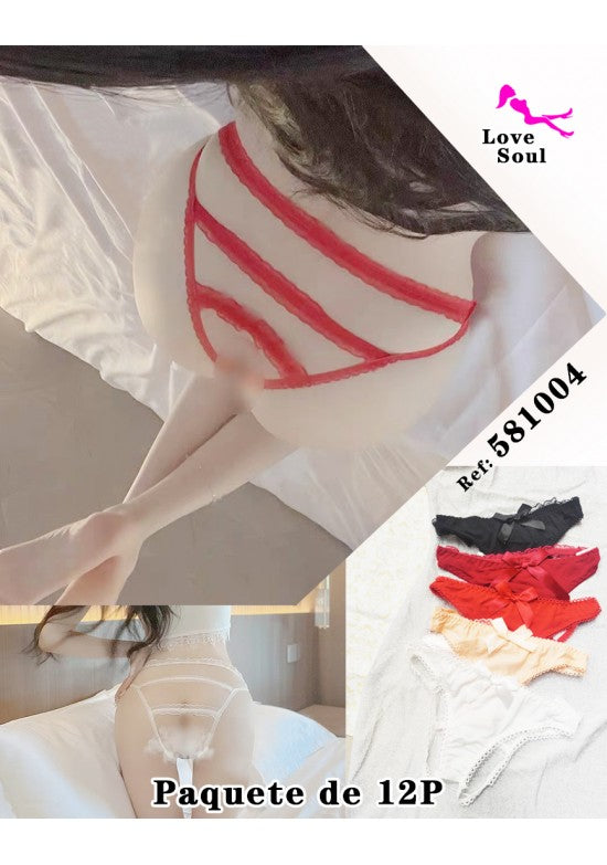 Tanga con tiras elásticas en espalda y detalle de encaje en varios colores – pack 12