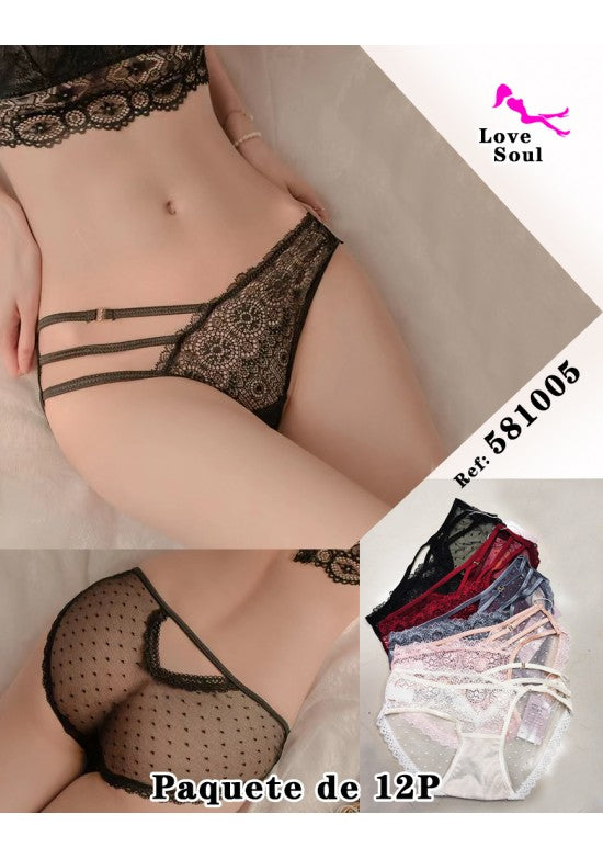 Braga tanga de encaje con doble elástico decorativo en cadera, pack 12 unidades, varios colores
