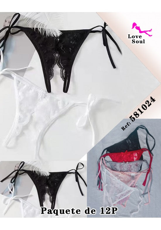 Tanga de encaje negro con lazos laterales desatables, pack 12 unidades surtido de colores