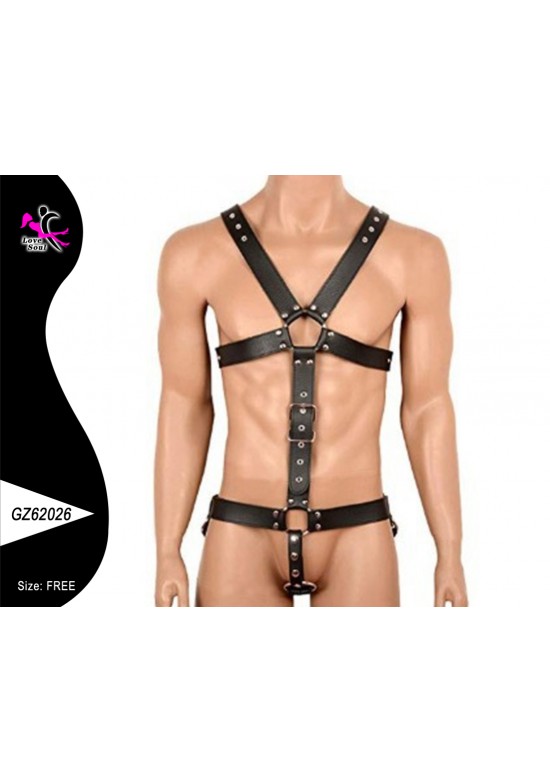 Harness masculino de cuero sintético negro con correas cruzadas, anillas y remaches plateados