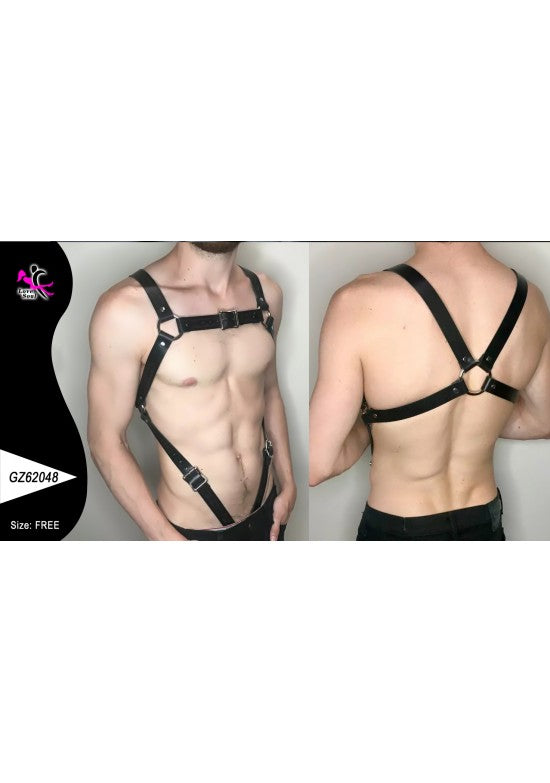 Harness corporal negro para hombre con tiras de polipiel y hebillas metálicas, vista frontal y trasera