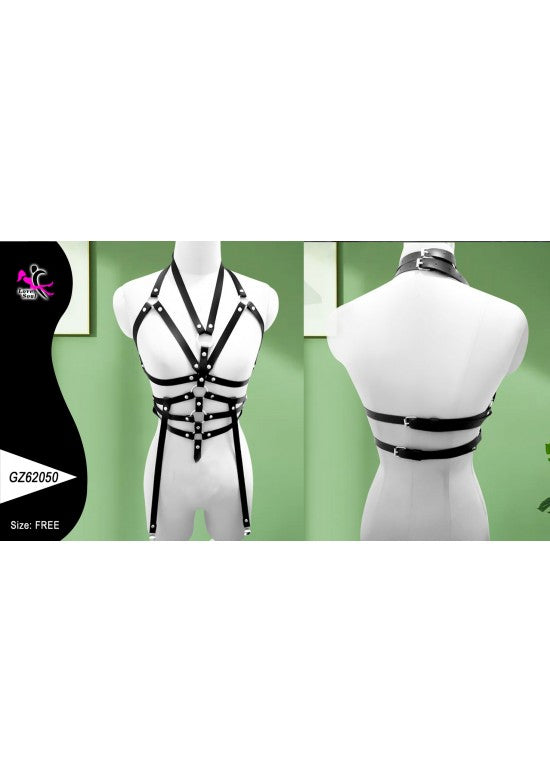 Body harness negro completo con collar halter visto de frente y espalda sobre maniquí