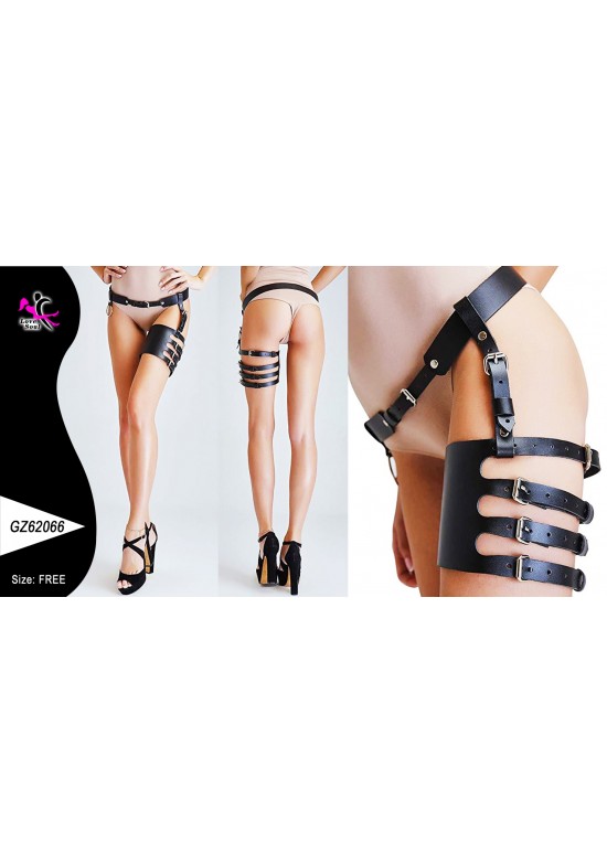 Liguero harness de muslo negro con tiras múltiples y hebillas doradas