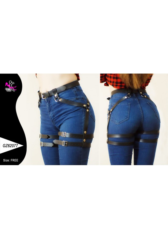 Harness negro de cintura y muslos con hebillas doradas sobre vaqueros, vistas frontal y trasera