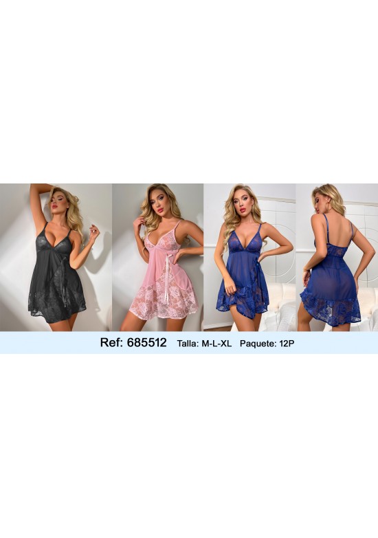 Camisón corto de tul y encaje con lazo en negro, rosa y azul marino