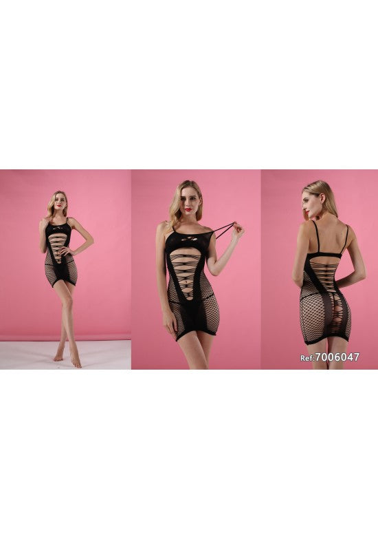 Minivestido bodystocking negro de red de pesca con tiras cruzadas en el escote