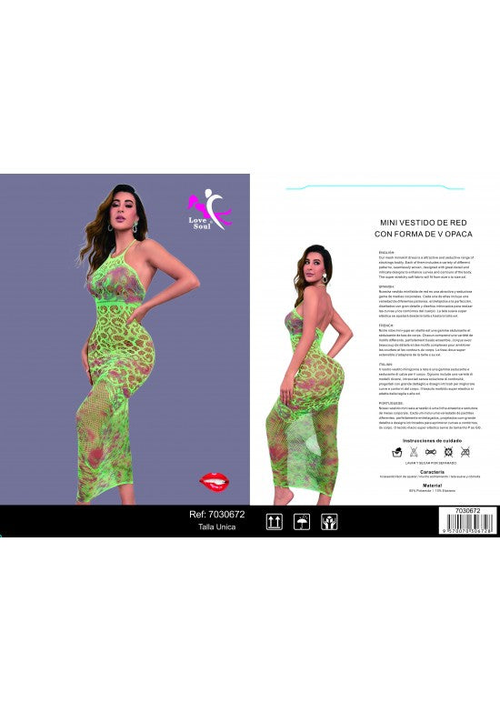 Vestido largo de red verde neón con detalles en fucsia y escote halter