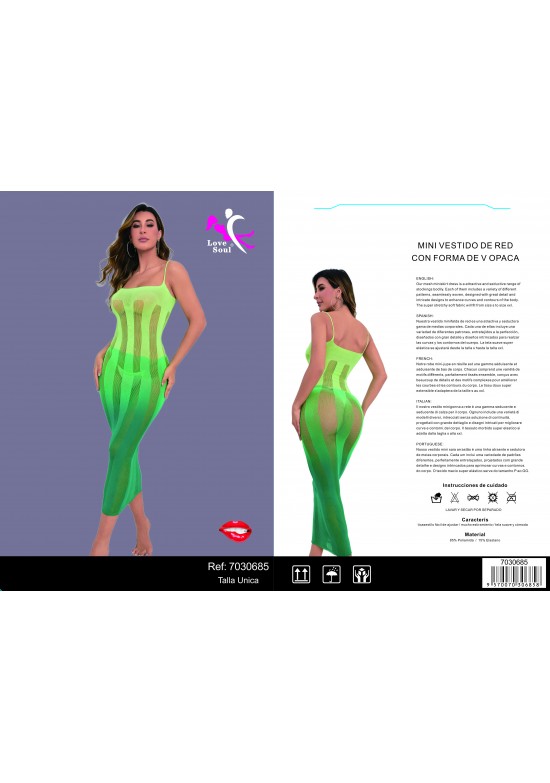 Vestido largo de red con rayas opacas verticales color verde neón, talla única