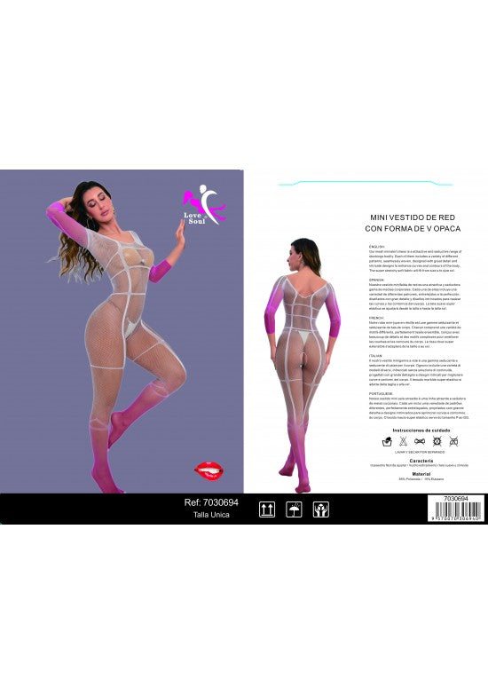 Bodystocking de red con paneles opacos en V color fucsia, talla única