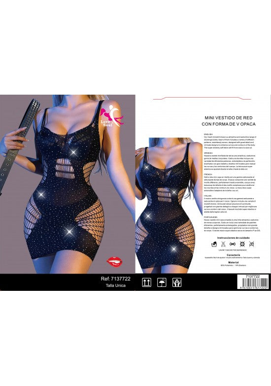 Mini vestido de red negro con tirantes finos y detalles brillantes de strass