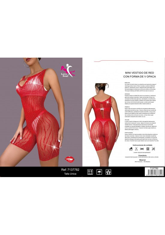 Mini vestido body de red rojo sin mangas con detalles brillantes, talla única