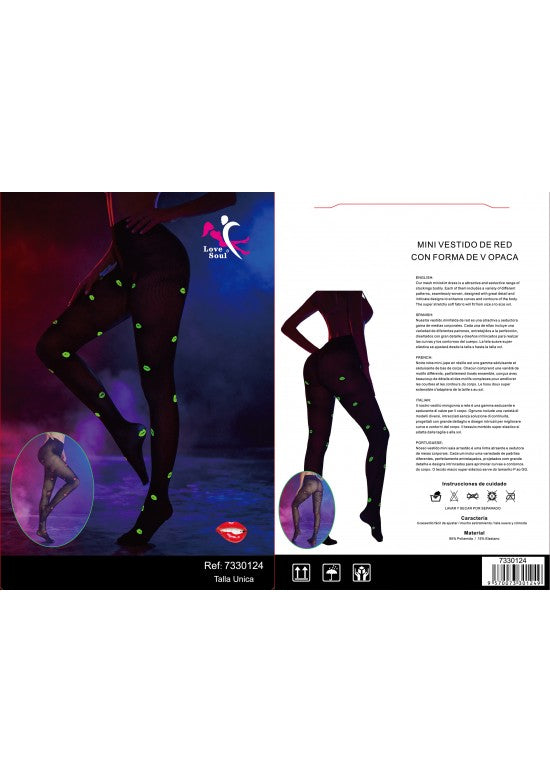 Medias de red negra con estampado de hojas fluorescentes verdes