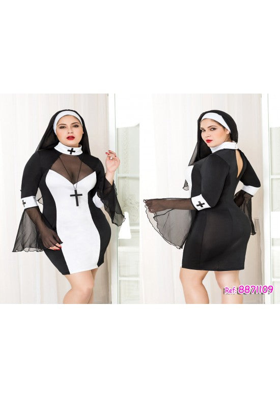 Disfraz de monja plus size negro y blanco con mangas de tul y toca
