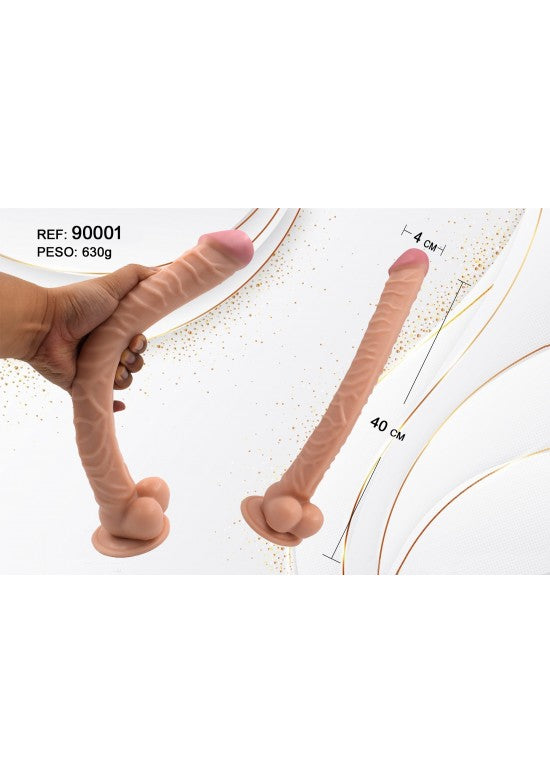 Dildo realista XL tono piel 40 cm con ventosa, referencia de tamaño con mano