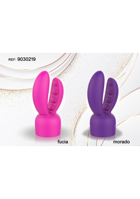 Estimulador de dedo tipo conejo en silicona color fucsia y morado