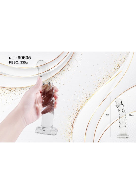 Dildo de cristal transparente con espiral decorativa marrón y base, ref 90605