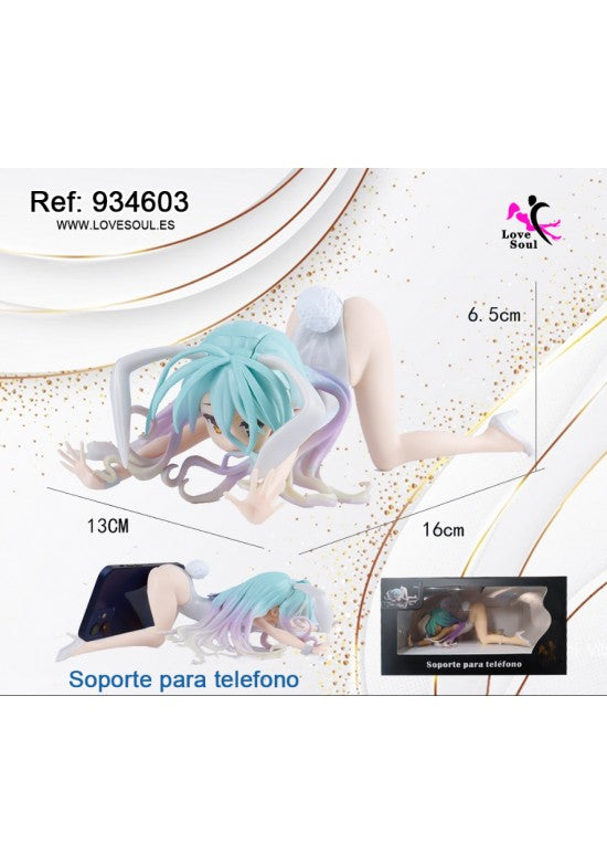 Figura decorativa anime de chica tumbada con cabello turquesa que sirve de soporte para móvil