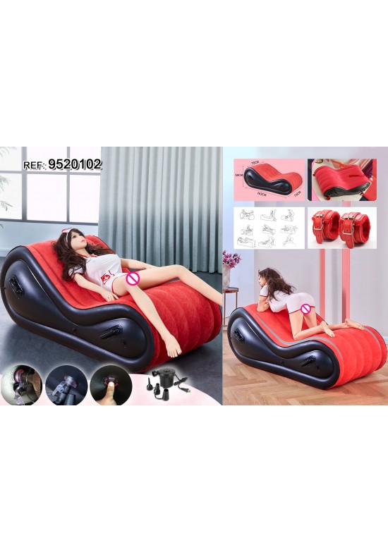Sofá hinchable erótico rojo y negro con esposas y bomba de inflado