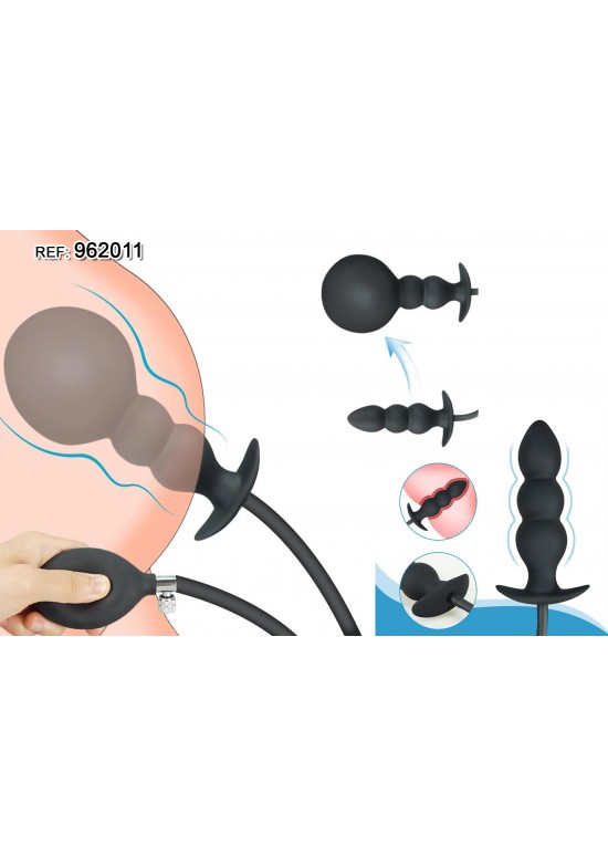 Plug anal hinchable de silicona negra con bomba de mano y base en T